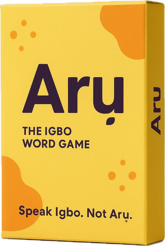 Yellow box of 'Aru: The Igbo Word Game' with black text and orange accents.
